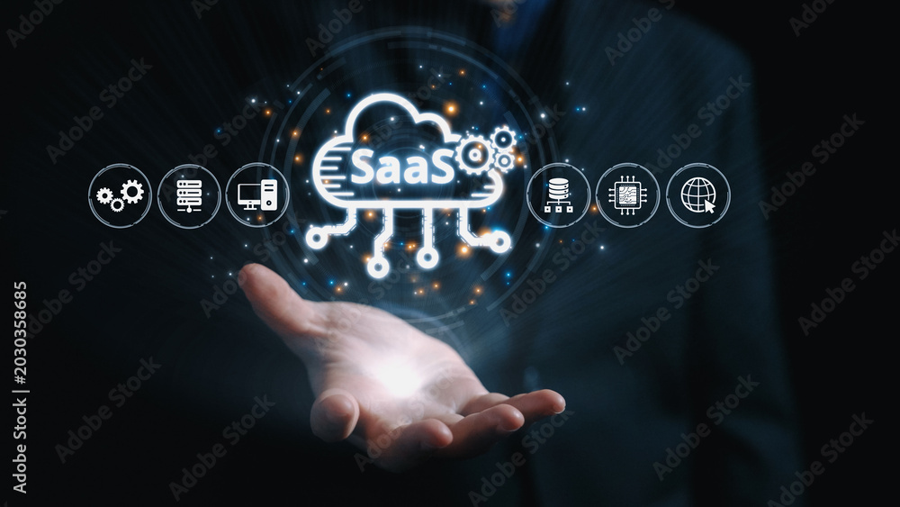 Fototapeta premium Visual representation of SaaS showing infrastructure, SaaS deployment, SaaS platform features, and SaaS integration model in digital environment. Elide