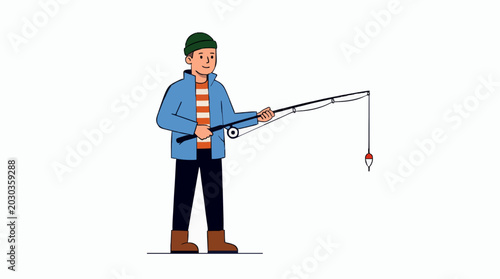 Man in blue jacket and green hat fishing with rod and bobber on white background