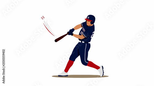 Baseball player in uniform swinging a bat at a baseball in a dynamic action pose illustration