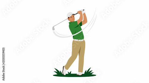 Golfer in green shirt and tan pants swings club on grass with white background illustration