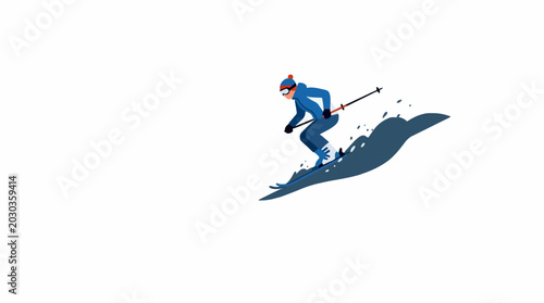 Skier in blue suit skiing down a snowy slope with ski poles and kicking up snow, dynamic action illustration