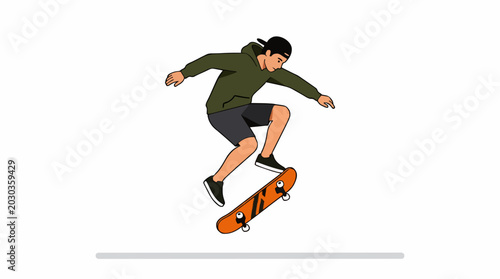 Young man in hoodie and shorts performing a skateboard trick mid-air with an orange skateboard
