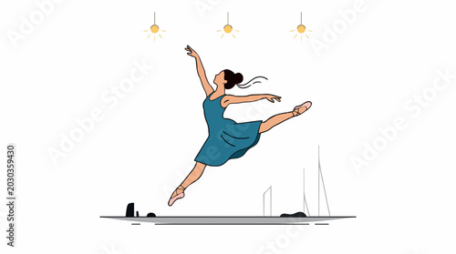 Ballet dancer performing a graceful leap on stage under spotlights in a minimalist artistic illustration