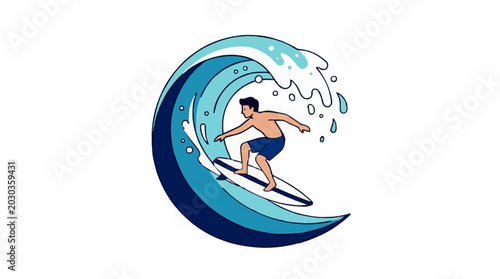 Surfer riding a big blue wave with splashes of water in a cartoon style illustration