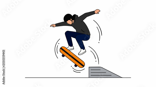 Young person in hoodie performing a skateboard trick mid-air over a ramp with motion lines and dots indicating movement