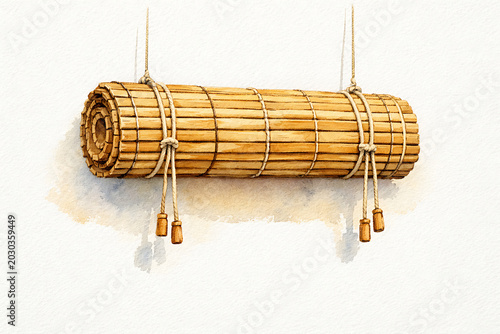 Rolled bamboo mat hanging with rope cords watercolor