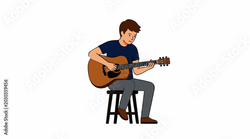 Young man sitting on a stool playing an acoustic guitar with concentration on his face