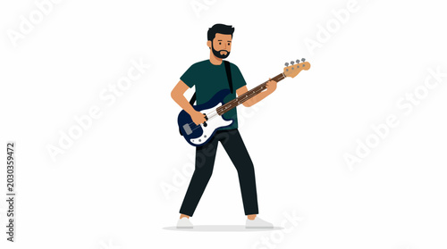 Man playing a blue electric bass guitar with a dark green t-shirt and black pants on a white background