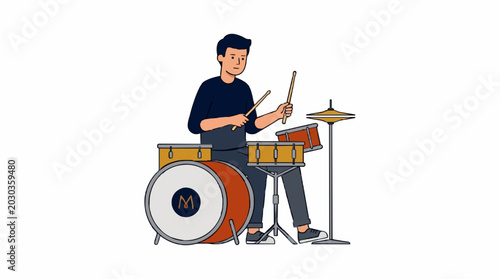 Young man playing drums with drumsticks in a music studio or rehearsal space with a drum kit and cymbals