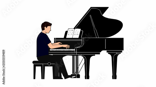 Man playing grand piano with sheet music on a white background simple illustration