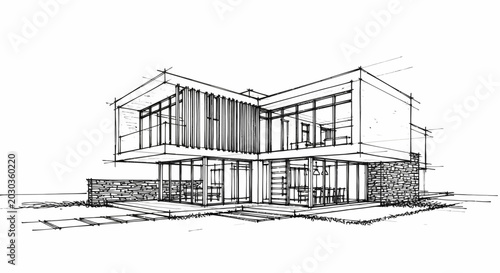 Refined Line Art Sketch of a Contemporary Modern House Architecture, Illustrating a Luxurious Residential Building Design Concept with Clean Lines and Minimalist Aesthetic