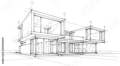 Detailed monochrome architectural line drawing of a contemporary residential house showcasing modern design principles and structural elegance in a minimalist sketch style