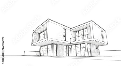 Architectural line drawing showcasing a contemporary minimalist house design with clear structural lines, an elegant modern residential building concept sketch