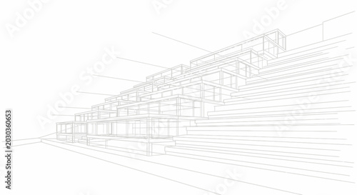 Abstract architectural wireframe rendering a clean skeletal outline of a modern building structure, emphasizing geometric precision and a dynamic perspective for conceptual urban design