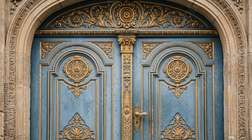 Close-up of old blue and gold carved door