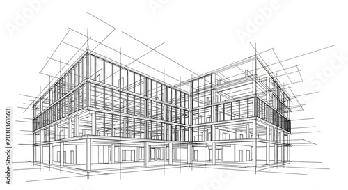 Architectural sketch of a modern multi-story building facade with detailed structural elements and glass windows