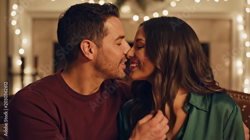 Happy couple exchanging Christmas gifts by warm fireplace at home