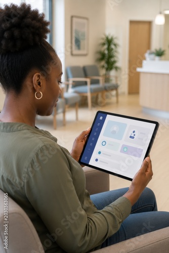 Woman using digital health portal on tablet in clinic waiting room