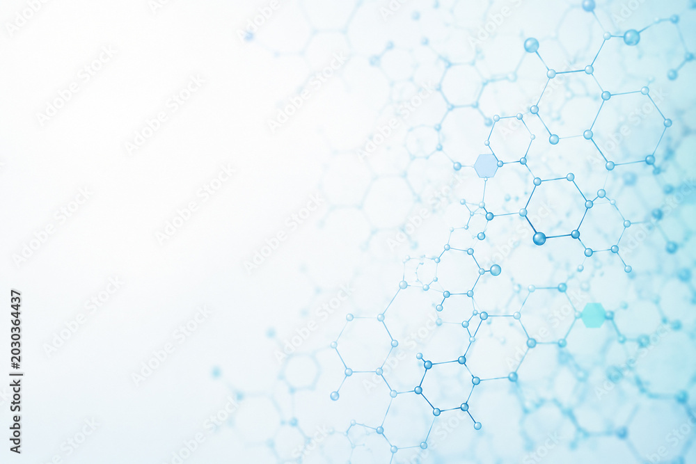 AI generated abstract molecular network background soft blue chemistry structures for healthcare biotechnology science medical innovation themes