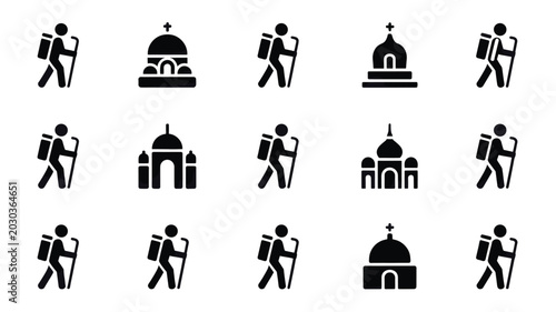Foto Set of 15 Black and White Pilgrim and Church Building Vector Icons