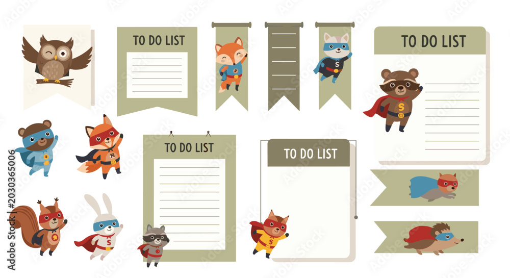 Fototapeta premium Collection of cute forest animals dressed as superheroes features owls foxes raccoons and rabbits for children planner stickers.