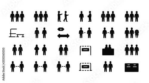 Schilderij op canvas Set of 24 Black Social Distancing and People Group Icons Vector