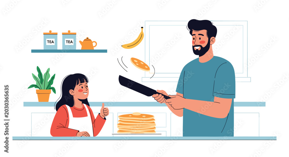 Fototapeta premium Happy father flipping a pancake in a frying pan while his young daughter watches with joy and gives a thumbs up in the kitchen.