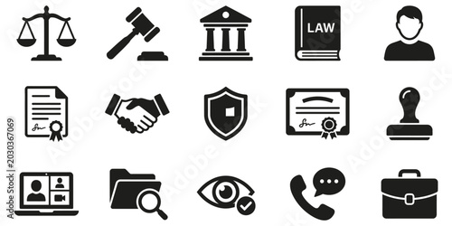 Slika na platnu Set Ikon Simbol Hukum Pengadilan dan Kontrak Legal Vektor EPS