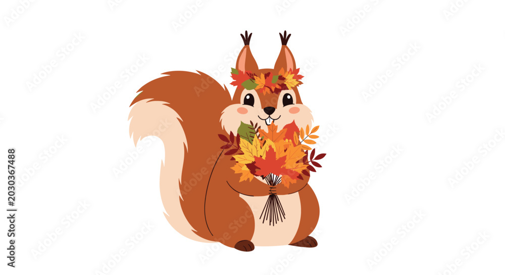 Fototapeta premium Cute brown squirrel with a fluffy tail wearing a leaf crown and holding a bouquet of colorful autumn leaves on white background.