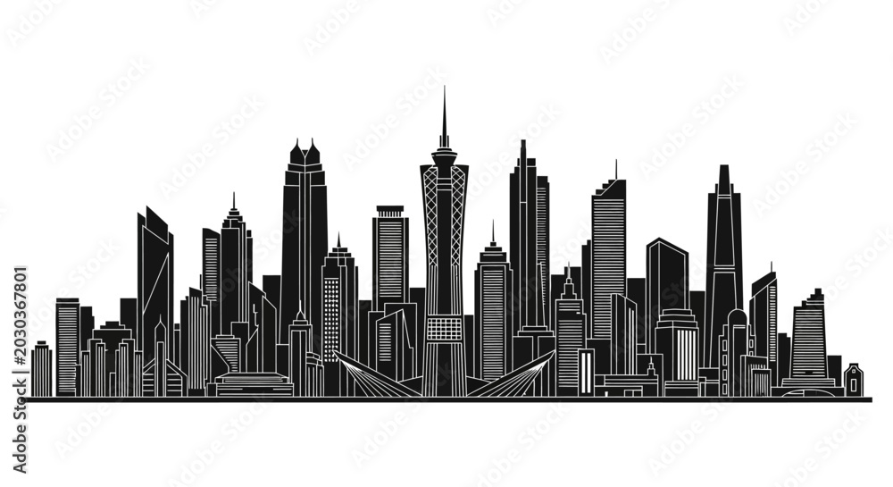 Fototapeta premium Guangzhou Skyline Silhouette Vector Illustration