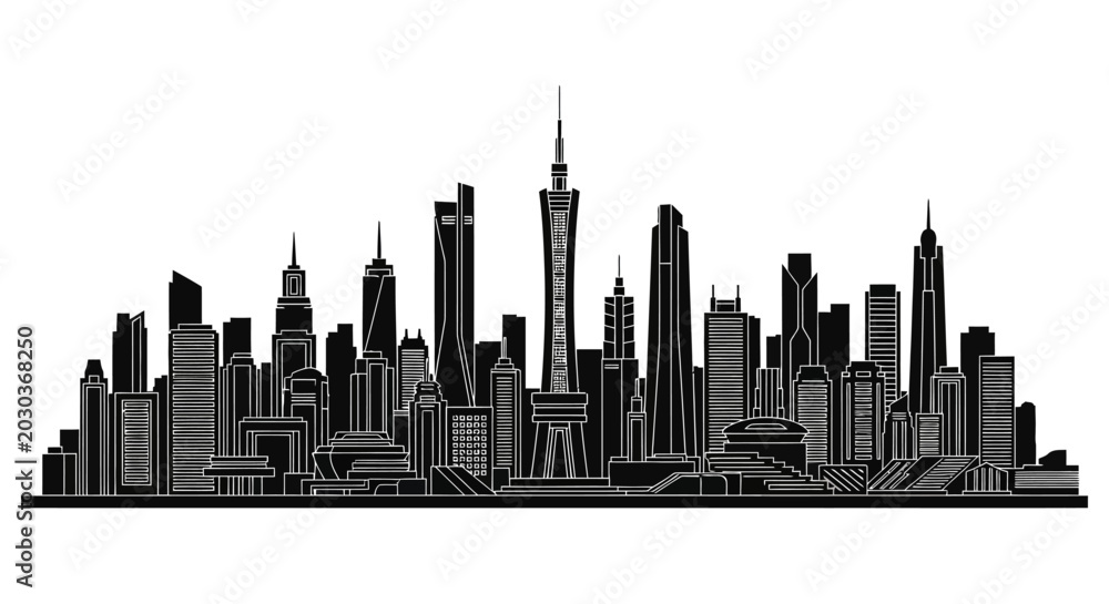 Obraz premium Black and white city skyline silhouette with modern skyscrapers