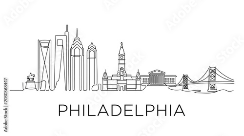 Elegant continuous line art vector illustration of the iconic Philadelphia skyline, featuring its famous architectural landmarks and urban panorama