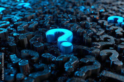 A dense background filled with many black 3D question marks, glossy and reflective, arranged in a modern chaotic pattern, dramatic lighting and soft shadows