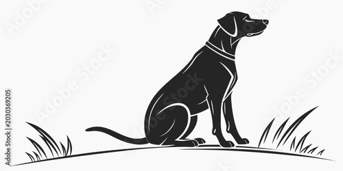 Obraz na plátne Silhouette illustration of a dog sitting with a collar on a grassy landscape sil