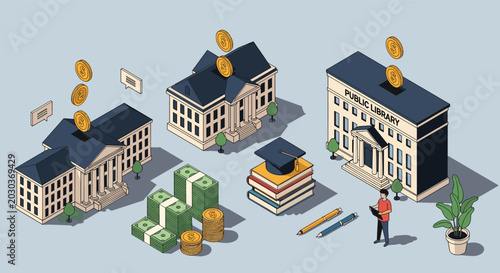 Economic investment in public infrastructure concept showing money being deposited into banks and public library.