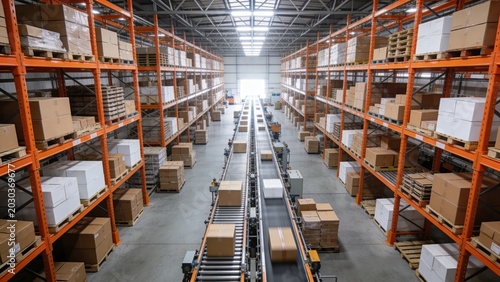 Large warehouse interior with many stacked boxes on shelves and conveyor belt