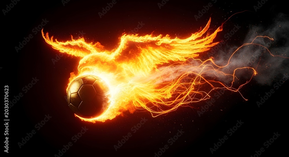 Fototapeta premium A golden soccer ball engulfed in flames shaped like a phoenix flying through the dark sky