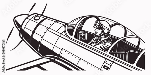 Foto Black and white line art of a fighter pilot in a vintage propeller plane cockpit