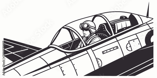 Schilderij op canvas Graphic illustration of a pilot inside a fighter plane cockpit with goggles airp