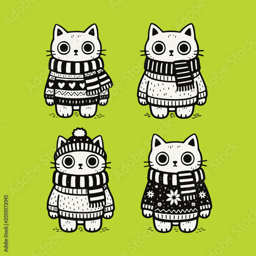 Cute cartoon cats in sweaters.
