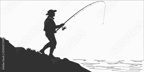 Photography Silhouette of a fisherman casting a fishing rod by the water with fisherman silh
