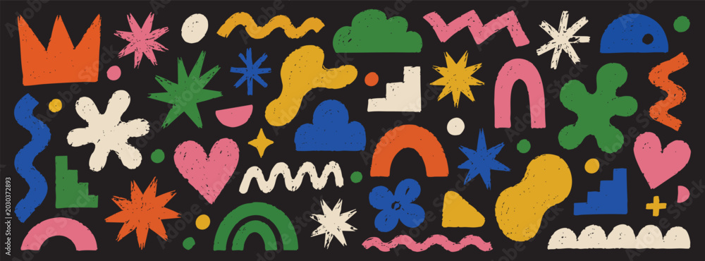 Fototapeta premium Set of handdrawn abstract shapes and doodle elements on black background