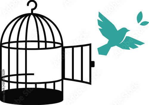 Bird flying out of an open birdcage illustration with open cage birdhouse wildlife illustration