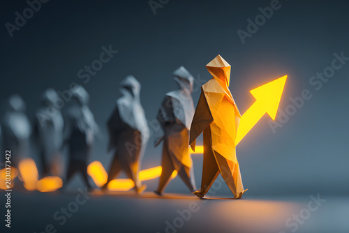 Origami leader holding a glowing folded-paper arrow, team members following behind, modern corporate feel, sharp folds, dynamic perspective