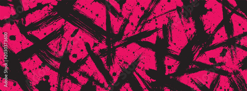Tableau sur toile Abstract grunge background with black paint brush strokes on a vibrant pink back
