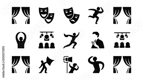 Foto Set of 15 Black Theater and Performing Arts Icons Vector