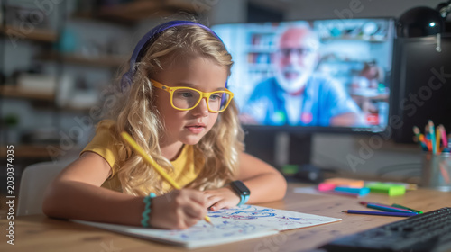 Girl online learning home study, child with headphone and glasses writing notebook, video call tutor, focused distance education