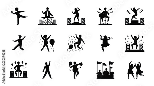 Foto Set of 15 Black Silhouette Party and Dance Vector Icons