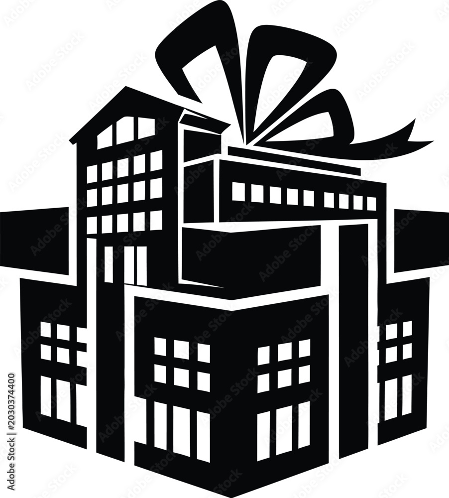 Fototapeta premium A black and white illustration of a gift-wrapped building with a bow on top shows architecture and industry.