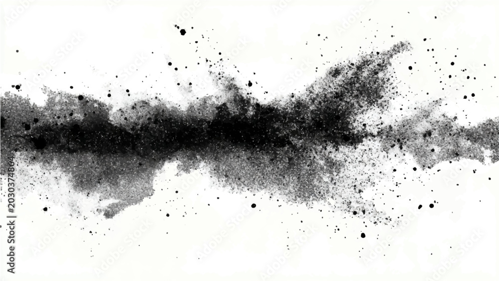 Fototapeta premium Abstract explosion of fine black powder particles suspended mid-air, creating a dynamic dark nebula cloud formation against a stark white background, symbolizing chaos and cosmic energy